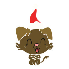 laughing flat color illustration of a dog wearing santa hat