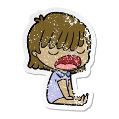 distressed sticker of a cartoon woman talking loudly