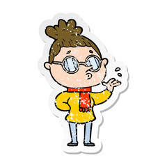 distressed sticker of a cartoon woman wearing glasses