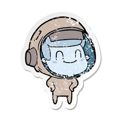 distressed sticker of a happy cartoon astronaut man