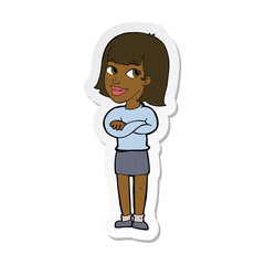 sticker of a cartoon happy woman looking over