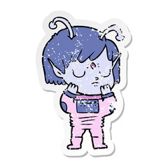 distressed sticker of a cartoon alien girl