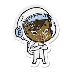 distressed sticker of a cartoon astronaut woman