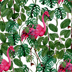 Watercolor seamless pattern with flamingo