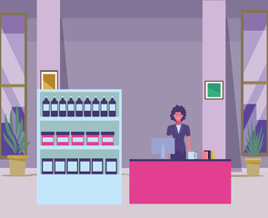 supermarket shelf with products and cashier