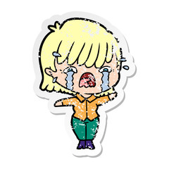 distressed sticker of a cartoon girl crying