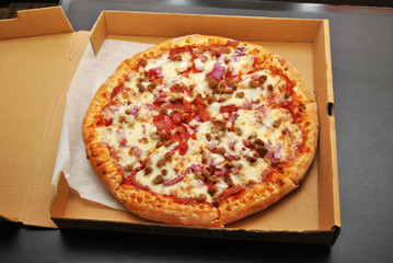 Meat Pizza with Onions in a Takeout Box