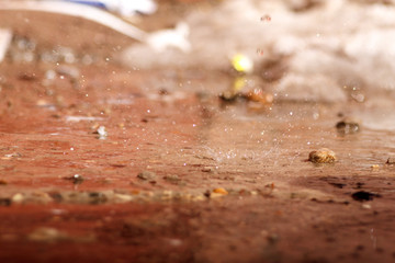 Close-up spring drops on the street in a large macro increase in the sunlight day. Soft and selective focus.