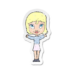 Obraz premium retro distressed sticker of a cartoon woman with open arms