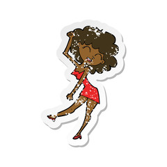 retro distressed sticker of a cartoon dancing woman