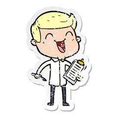 distressed sticker of a cartoon happy man