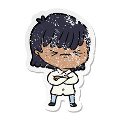 distressed sticker of a annoyed cartoon girl