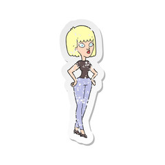 retro distressed sticker of a cartoon woman with hands on hips