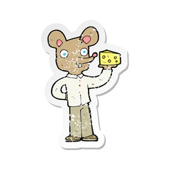 retro distressed sticker of a cartoon mouse holding cheese