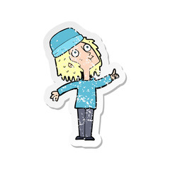 retro distressed sticker of a cartoon woman wearing winter hat