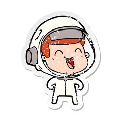 distressed sticker of a happy cartoon astronaut