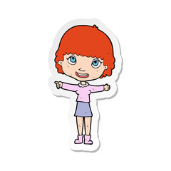 sticker of a cartoon happy woman pointing