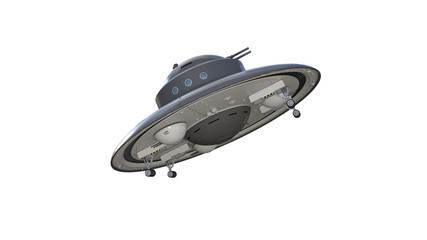 Retro UFO Spaceship, vintage flying saucer, spacecraft isolated on white background, rear bottom view, 3D rendering