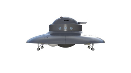 Retro UFO Spaceship, vintage flying saucer, spacecraft isolated on white background, side view, 3D rendering