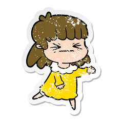 distressed sticker of a cartoon angry girl