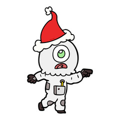 line drawing of a cyclops alien spaceman pointing wearing santa hat