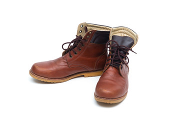 Male brown leather boot, footwear fashion isolated on white background.