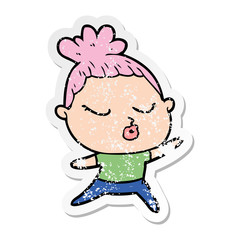 distressed sticker of a cartoon calm woman