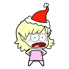 comic book style illustration of a shocked elf girl wearing santa hat
