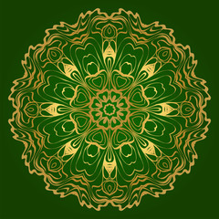 Art Deco Pattern Of Round Floral Mandala. Vector Illustration. Design For Printing, Presentation, Textile Industry. Green, gold color