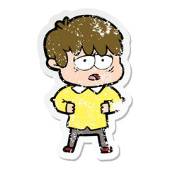 distressed sticker of a cartoon exhausted boy