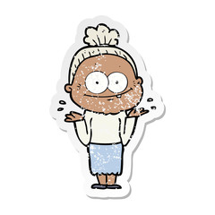 distressed sticker of a cartoon happy old woman