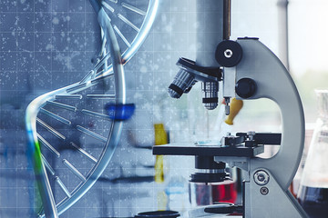 microscope and DNA in reseach laboratory