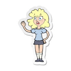 sticker of a cartoon worried woman waving
