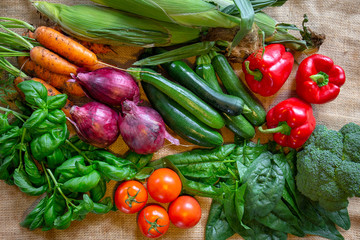 An assortment of fresh and healthy vegetables in season from the garden in summer