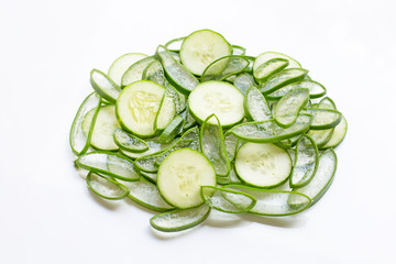 Good skin care and healthy with natural ingredients aloe vera and cucumbers isolated on white