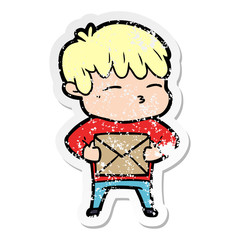 distressed sticker of a cartoon curious boy