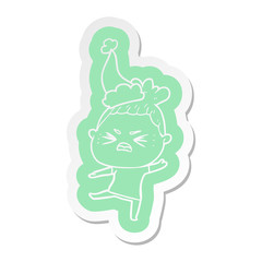 cartoon  sticker of a angry woman wearing santa hat