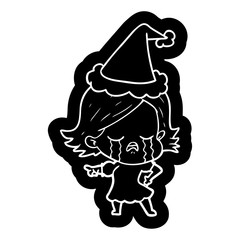 cartoon icon of a girl crying and pointing wearing santa hat