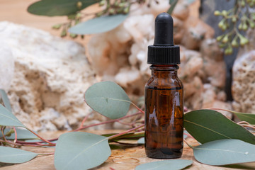 Eucalyptus Essential oil in Amber Round Glass Bottle with Glass Dropper and Fresh Eucalyptus leaves...