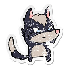 distressed sticker of a friendly cartoon wolf