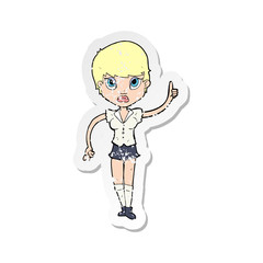 retro distressed sticker of a cartoon pretty woman with idea