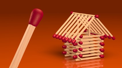 Match Stick House Isolated Over Orange Background With Single Match in Foreground.