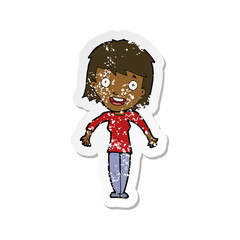 retro distressed sticker of a cartoon woman shrugging shoulders
