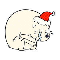 crying comic book style illustration of a polar bear wearing santa hat