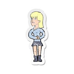 retro distressed sticker of a cartoon woman waiting