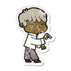 distressed sticker of a cartoon curious boy