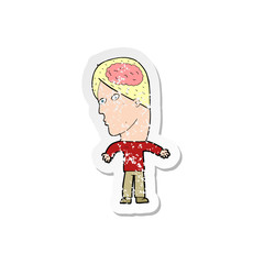 retro distressed sticker of a cartoon man with brain symbol