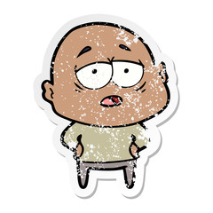 distressed sticker of a cartoon tired bald man