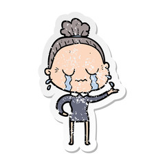 distressed sticker of a cartoon crying old lady