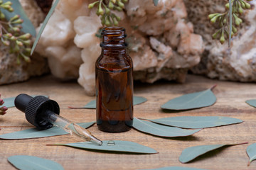 Eucalyptus Essential oil in Amber Round Glass Bottle with Glass Dropper and Fresh Eucalyptus leaves...